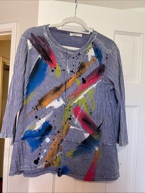Jess & Jane Paint-Splash Long Sleeve Kids Top - Blue with Multicolor Accents